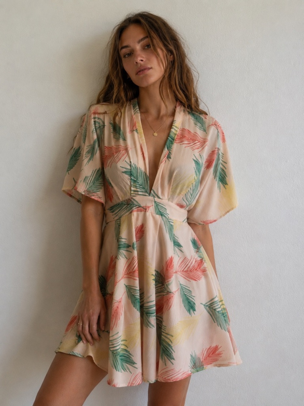 Womens Small Peach Tropical Leaf Print Dress Kimono Sleeve Tie Waist Boho